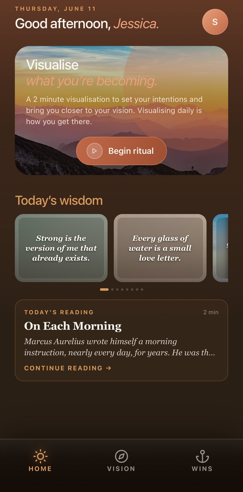 The Visora home screen, with the daily ritual and today's wisdom